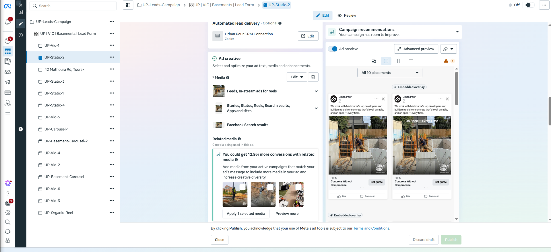 Urban Pour Meta Ads Manager dashboard with live ad creative and placements